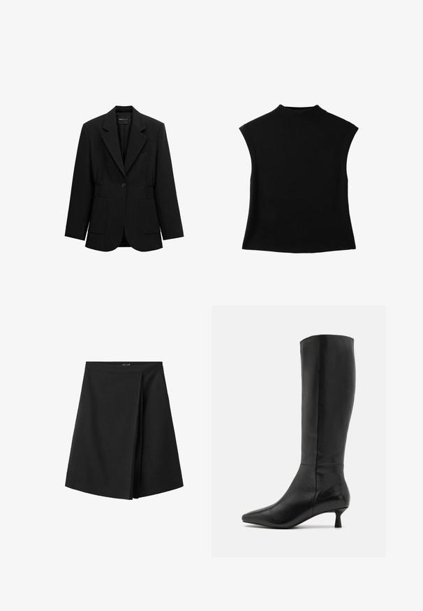 Zwarte blazer met één knoop, opstaand revers, twee voorzakken en taille met geplooide details, afgebeeld op een witte achtergrond.; Zwart mouwloos gebreid topje met een hoge ronde halslijn en iets uitlopende zoom.; Zwarte rok tot op de knie met een rechte tailleband en een overlappend plooidetail aan de voorkant, afgebeeld op een witte achtergrond.; Zign by Zalando Laarzen - black