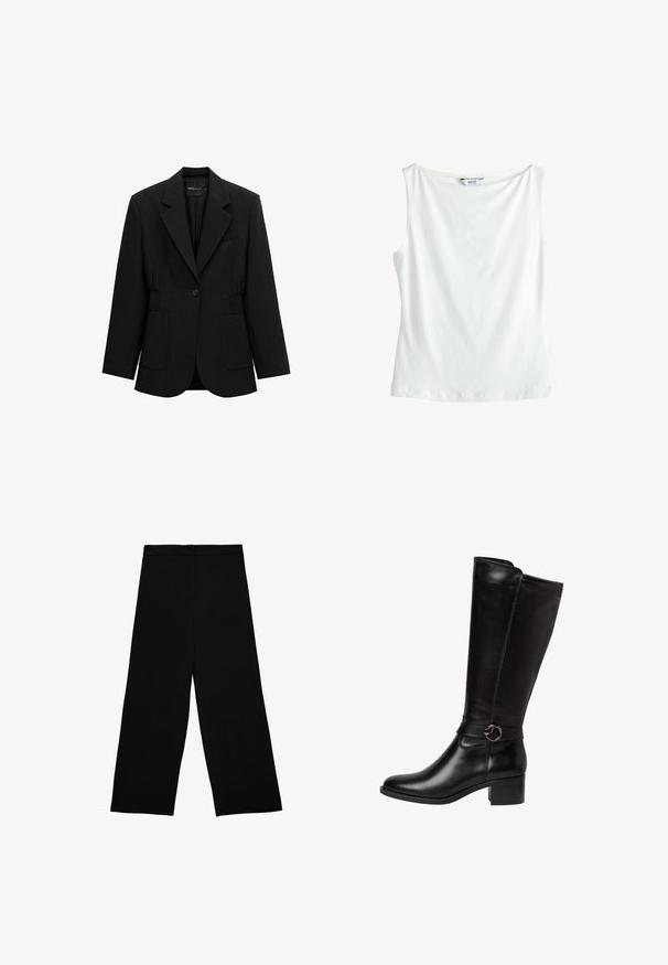Blazer noir à un bouton avec revers crantés, deux poches plaquées avant et taille froncée, présenté sur un fond blanc.; Haut en coton blanc sans manches avec un col bateau et une petite étiquette de marque "NEXT" à l'arrière du col.; Pantalon noir à jambes larges avec une taille haute et un détail de couture devant, posé à plat sur un fond blanc.; Botte en cuir noir montante avec un bout arrondi, une sangle décorative avec une boucle circulaire, et un petit talon carré. Texture lisse et brillante.