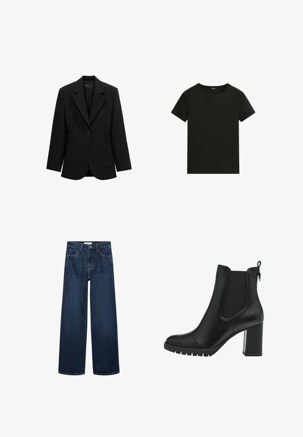 Schwarzer Blazer mit einem Knopf, Reverskragen, zwei aufgesetzten Taschen vorne und tailliertem Design, dargestellt auf weißem Hintergrund.; Schlichtes schwarzes T-Shirt mit kurzen Ärmeln und Rundhalsausschnitt, schlichtem, tailliertem Design vor weißem Hintergrund.; Weite dunkelblaue Denim-Jeans mit hoher Taille, ausgestattet mit fünf Taschen und einer klassischen Knopfschließe. Glatte Textur und gerader Schnitt.; Tamaris CHELSEA - Plateaustiefelette - black