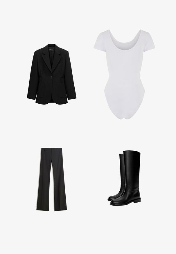 Zwarte blazer met één knoop, opstaand revers, twee voorzakken en taille met geplooide details, afgebeeld op een witte achtergrond.; Witte korte mouw bodysuit met een ronde hals, gemaakt van zachte, elastische stof. Het ontwerp heeft een aangesloten silhouet en een naadloze constructie.; Zwarte, uitlopende broek met een gladde textuur, voorzien van een getailleerde pasvorm en een tailleband. Geen zichtbare patronen of versieringen.; Zwarte leren kniehoge laarzen met een gladde textuur, ronde neus, platte zool en minimalistisch ontwerp, met gestikte naden en zonder zichtbare hardware.