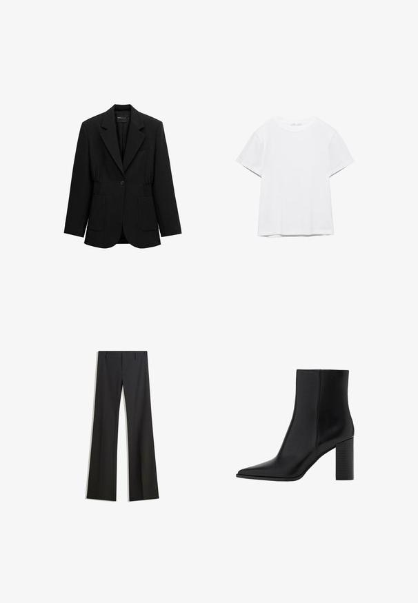 Zwarte blazer met één knoop, opstaand revers, twee voorzakken en taille met geplooide details, afgebeeld op een witte achtergrond.; Effen wit T-shirt met korte mouwen en ronde hals, met een rechte zoom, gepresenteerd tegen een witte achtergrond.; Zwarte, uitlopende broek met een gladde textuur, voorzien van een getailleerde pasvorm en een tailleband. Geen zichtbare patronen of versieringen.; Zwarte leren enkellaars met een spitse neus, vierkante hak, een gladde textuur en stikdetails langs de naden. De hakken zijn ongeveer 8,9 cm hoog.