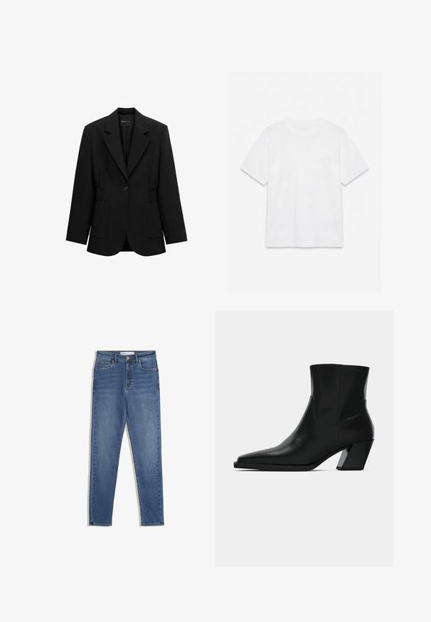 Sort enkelt-knap blazer med hakket revers, to forlommer med lapper og detaljeret taljesamling, vist på en hvid baggrund.; Hvid ensfarvet t-shirt med korte ærmer og rund hals, lagt fladt på en hvid baggrund.; Blå denim jeans med høj talje, slim fit, forlommer, lynlås og kontrasterende syninger. Struktureret design med en glat overflade.; Sortlæder ankelstøvle med spids tå, en slank silhuet og en kraftig firkantet hæl. Glat tekstur med minimale stikninger.