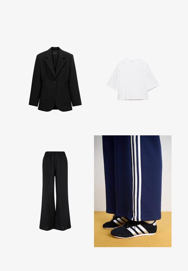 Blazer noir à un bouton avec revers crantés, deux poches plaquées avant et taille froncée, présenté sur un fond blanc.; T-shirt blanc à manches courtes, coupe carrée, en coton doux. Présente un col rond et des manches larges, avec un design épuré et simple.; Pantalons larges noirs en tissu léger. Dotés d'une taille élastique et d'un design fluide atteignant le sol.; Pantalons de survêtement navy avec trois rayures verticales blanches et des chaussures de sport noires avec des rayures argentées et une surface texturée. Sol jaune.