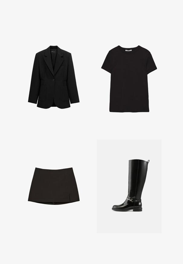Blazer noir à un bouton avec revers crantés, deux poches plaquées avant et taille froncée, présenté sur un fond blanc.; T-shirt noir en coton à manches courtes avec encolure ronde, coupe standard et étiquette intérieure visible au niveau du col.; Mini-jupe noire en tissu lisse, avec une coupe droite, des fentes latérales et un ourlet net. Simple et polyvalente.; Bottes noires montantes en cuir verni, avec un détail de boucle argentée à la cheville et une conception à bout arrondi. Semelle plate.