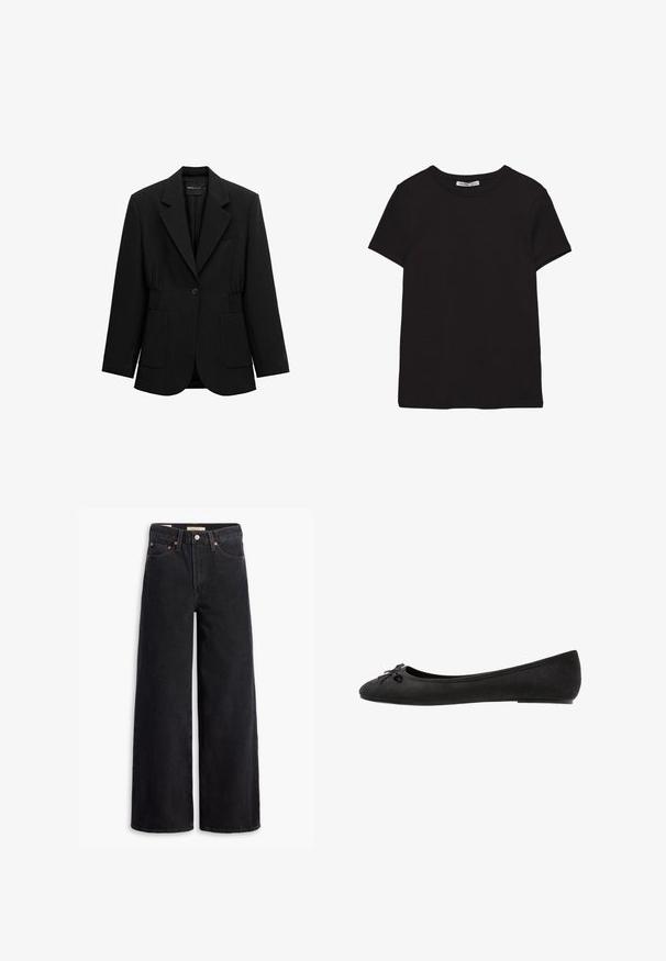 Sort enkelt-knap blazer med hakket revers, to forlommer med lapper og detaljeret taljesamling, vist på en hvid baggrund.; Sort kortærmet t-shirt i bomuld med rund halsudskæring, standard pasform og synlig indvendig halsmærkat.; Sorte brede benjeans lavet af denim, med fem lommer, kobbernitter og en klassisk knaplukning. Glat tekstur med et rent design.; Sorte ruskind ballet flats med rund tå, prydet med en dekorativ sløjfe på forsiden og flad sål. Glat tekstur og klassisk form.