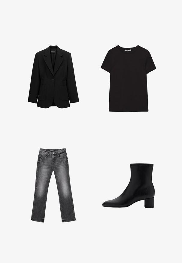 Sort enkelt-knap blazer med hakket revers, to forlommer med lapper og detaljeret taljesamling, vist på en hvid baggrund.; Sort kortærmet t-shirt i bomuld med rund halsudskæring, standard pasform og synlig indvendig halsmærkat.; Sorte denim jeans med lige ben, falmet tekstur og fem lommer. Har bæltestropper og lynlås.; Sort læderankelstøvle med spids tå og blokhæl. Glat overflade med diskret syningsdetalje omkring den øverste kant.