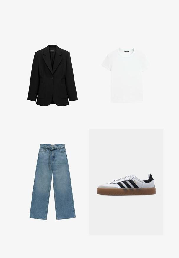 Sort enkelt-knap blazer med hakket revers, to forlommer med lapper og detaljeret taljesamling, vist på en hvid baggrund.; Hvid t-shirt med korte ærmer og rund halsudskæring, lagt fladt på en hvid baggrund.; Bredde ben blå denim jeans med medium vask. Har en snøre i taljen, frontlomme og en simpel finish uden yderligere pynt.; Hvide lædersneakers med sorte striber, gummirubber sål, rund tå, snørelukning og blød grå ruskinds tåhætte.