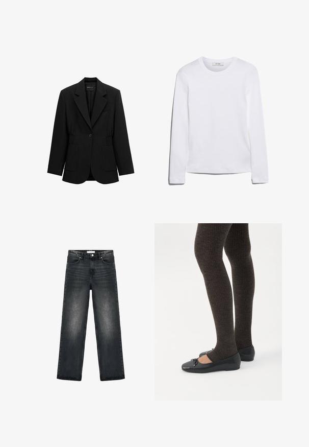 Blazer negro de un solo botón con solapas de muesca, dos bolsillos parche frontales y detalle de cintura fruncida, mostrado sobre un fondo blanco.; Camiseta de manga larga blanca hecha de algodón acanalado, con un cuello redondo y un dobladillo recto. Diseño simple sin patrones ni acentos.; Jeans de mezclilla negra con un corte relajado, piernas rectas y un ligero desgaste. Presentan un cierre de botón y un diseño de cinco bolsillos para mayor funcionalidad.; Piernas con leggings oscuros acanalados combinados con bailarinas negras que presentan pequeños detalles de lazo sobre un fondo blanco.