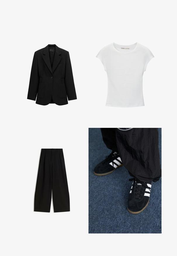Blazer noir à un bouton avec revers crantés, deux poches plaquées avant et taille froncée, présenté sur un fond blanc.; T-shirt en coton blanc avec manches courtes retroussées, encolure ronde et ourlet droit. Texture lisse sans motifs ni accents visibles.; Pantalons larges noirs en tissu lisse, dotés d'une taille haute, de plis à l'avant et sans ornements ni motifs visibles.; Des chaussures de sport en suède noir avec trois rayures blanches et des lacets noirs. Un pantalon noir texturé est partiellement visible à côté des chaussures.
