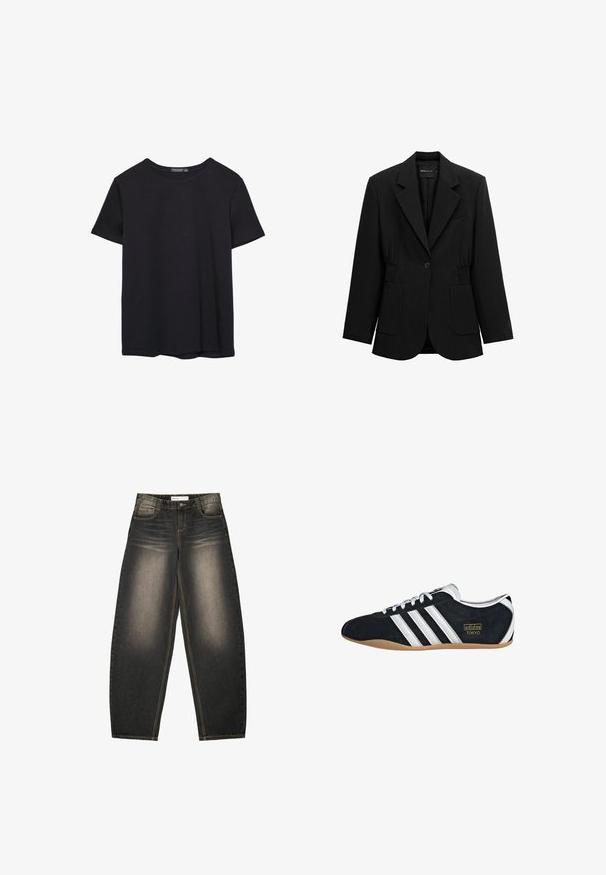 Blazer noir à un bouton avec revers crantés, deux poches plaquées avant et taille froncée, présenté sur un fond blanc.; T-shirt en coton noir à manches courtes, col rond, présenté sur un fond blanc.; Jeans en denim gris à jambes larges avec un léger délavage, cinq poches, des coutures en contraste et une coupe décontractée. Pas de motifs ou d'embellissements visibles.; Sneakers en suede noir avec trois bandes blanches, logo doré et semelle en caoutchouc marron. Présente un design à lacets à profil bas.