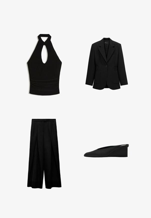 Black single-button blazer with notch lapels, two front patch pockets, and gathered waist detailing, displayed on a white background.; Black halter neck crop top with keyhole cutout front and gathered waist detail.; Black wide-leg trousers with a high waist, featuring front pleats, a smooth texture, and a fitted waistband. No visible pockets.; Black leather wedge mule shoe with pointed toe and low, solid heel, slip-on style.
