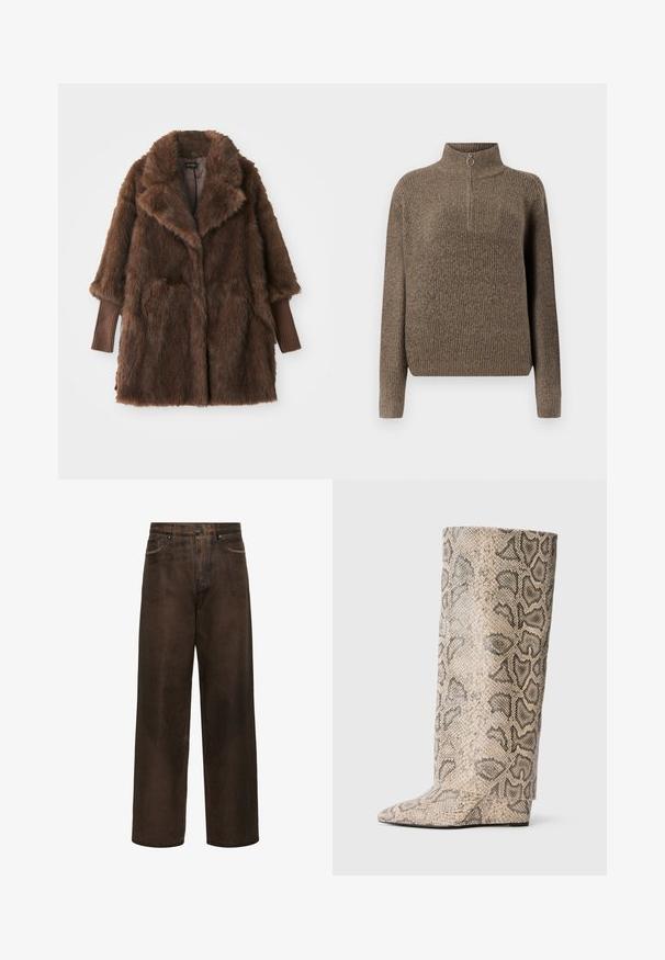 Bruine faux fur jas met een grote kraag, twee zijzakken en ribbelige bruine mouwmanchetten. Zachte, pluche textuur en middellange ontwerp.; Bruine geribbelde gebreide trui met een hoge hals en een rits aan de voorkant met een ronde trekker. Lange mouwen en een comfortabele pasvorm.; Bruine wijde jeans gemaakt van zachte denim. Voorzien van een knoopsluiting, twee steekzakken aan de voorkant en minimale stikdetails. Soepele textuur.; Hoge, spitse laarzen in een beige en zwarte slangenprint. Gemaakt van gestructureerd synthetisch materiaal met een elegante, fijne afwerking.