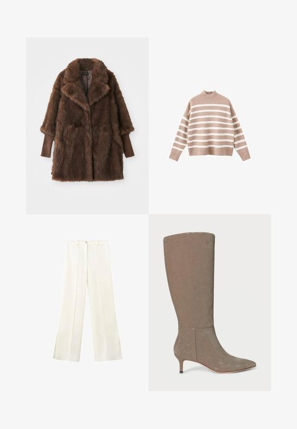 Bruine faux fur jas met een grote kraag, twee zijzakken en ribbelige bruine mouwmanchetten. Zachte, pluche textuur en middellange ontwerp.; Beige gestreepte trui met witte horizontale strepen, voorzien van een geribbelde hoge hals en brede mouwen, gemaakt van zachte gebreide stof.; Witte wijde broek met hoge taille, voorste knoop, lussen voor een riem en zijnaden die doorlopen tot kleine splitjes aan de zoom.; Grijze suède laarzen tot de knie met een spitse neus en een lage hak, voorzien van een strakke uitstraling en subtiele verticale naaddetails.