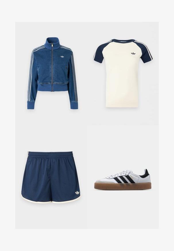 Chaqueta de mezclilla azul con cremallera, cuello alto, puños acanalados y tres rayas blancas a lo largo de las mangas. Cuenta con un pequeño logotipo en el pecho.; Camisa de manga corta color crema con mangas raglán en azul marino, rayas blancas en las mangas y un pequeño logo negro de Adidas en el pecho.; Pantalones cortos deportivos azul marino con cintura elástica, ribete blanco, tela de malla transpirable y logo de Adidas en la parte inferior de la pierna derecha.; Zapatillas de cuero blancas con rayas negras, suela de goma, puntera redonda, cierre de cordones y caperuza de ante gris suave.