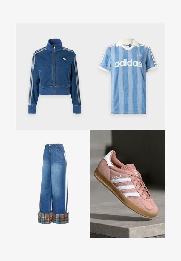 Blå denimjakke med lynlås, høj krave, ribstrikkede manchetter og tre hvide striber langs ærmerne. Har en lille logo på brystet.; Lyseblå polo med korte ærmer og lodrette striber, hvide detaljer og en fremtrædende hvid "adidas"-logo på forsiden.; Vidbenede denimbukser i lyseblå med hvide sidestriber og en brun ternet manchet. Fremstillet af et blødt, tekstureret stof.; Rosa ruskinds sneaker med hvide striber, gummisål, tekstureret overdel og logo på tungen. Klassisk low-top design.