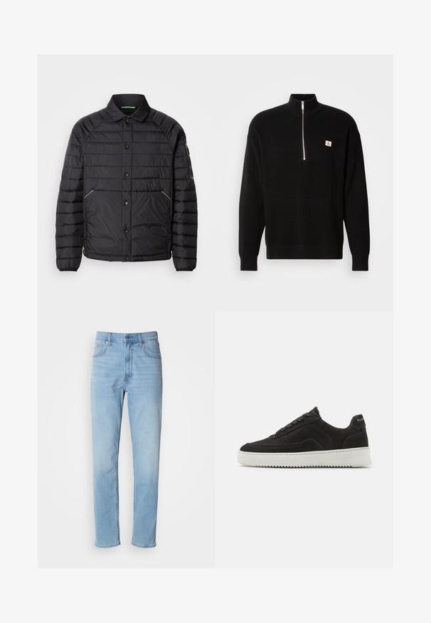 Gewatteerd jack in zwart met een kraag, horizontaal doorgestikt design, drukknoopsluiting, zijzakken en een contrasterende groene binnenvoering.; Zwarte gebreide trui met een hoge kraag en ritssluiting. Heeft een klein logo op de linkerborst. Geribbelde structuur en lange mouwen.; Lichtblauwe denim jeans met een rechte pasvorm, vijf zakken en riemlussen. De stof heeft een gladde textuur met een lichte vervaging.; Zwarte suède sneakers met een gestructureerde afwerking, voorzien van platte veters en een contrasterende witte rubberen zool met een zigzagpatroon.