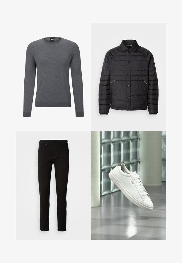 Sort pufferjakke med krave, vandret quiltet design, trykknapper, sidelommer og kontrasterende grøn indvendig foring.; Grå crew-neck sweater lavet af blødt strikket stof. Den har lange ærmer, ribbede manchetter og kant, samt et lille logo-mærke på siden.; Sorte denimjeans med lige ben, lynlås og fem lommer. Stoffet har en glat tekstur uden synlige mønstre.; Hvid læder lav-top sneaker med snørebånd, sort hælflig og "BOSS"-logo, svævende indendørs nær glasblok væg og poleret gulv.