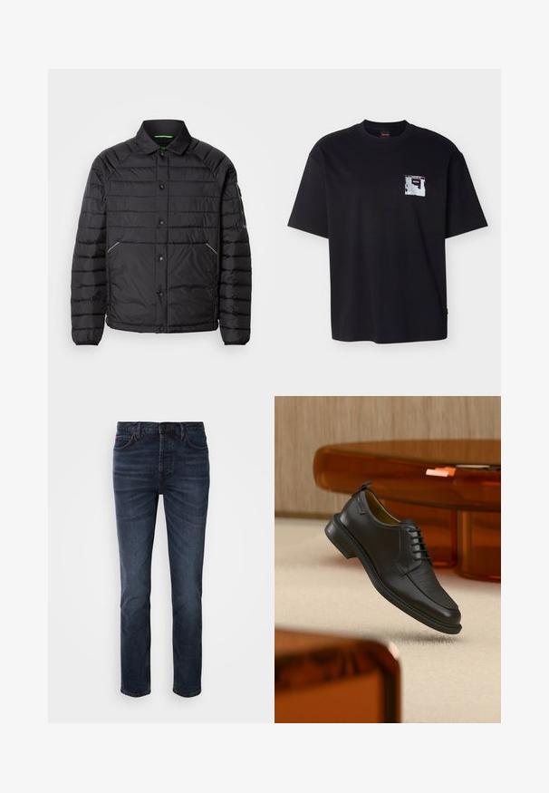 Sort pufferjakke med krave, vandret quiltet design, trykknapper, sidelommer og kontrasterende grøn indvendig foring.; Sort T-shirt med korte ærmer og et lille abstrakt grafisk motiv samt teksten "BOSS" på området ved venstre brystlomme.; Mørkeblå denim jeans med lige ben-design, der har fem lommer, en knap- og lynlåslukning samt diskrete syninger.; Sort lædersko med snørebånd og tekstureret front, svævende over beige tæppe i et moderne rum med møbler i ravfarvet toning.