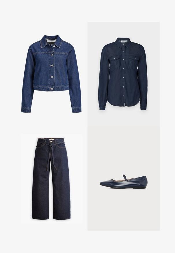 Blauwe spijkerjas met lange mouwen, knoopsluiting aan de voorkant en een puntige kraag.; Marineblauwe button-up overhemd van lichte stof, met twee voorzakken, lange mouwen en een klassieke kraag met een gebogen zoom.; Wijd pijpjes donkerblauwe denim jeans met een hoge taille, voorzien van een trekkoord, vijf zakken en contrasterende stiksels.; Marineblauwe leren platte schoen met puntige neus en een enkele dunne band over de wreef, zijaanzicht op witte achtergrond.