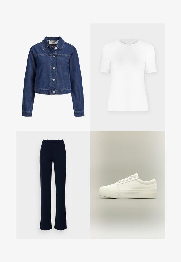 Blauwe spijkerjas met lange mouwen, knoopsluiting aan de voorkant en een puntige kraag.; Wit T-shirt met korte mouwen en een ronde hals, een slanke pasvorm en geribbelde stof, weergegeven op een effen lichtgrijze achtergrond.; Marineblauwe broek met een rechte pijpdesign, gemaakt van een gladde stof, voorzien van ri loopjes en een ritssluiting aan de voorkant.; Witte lage sneaker met dikke zool, metalen veterogen en veters, van opzij getoond op een effen lichte achtergrond.