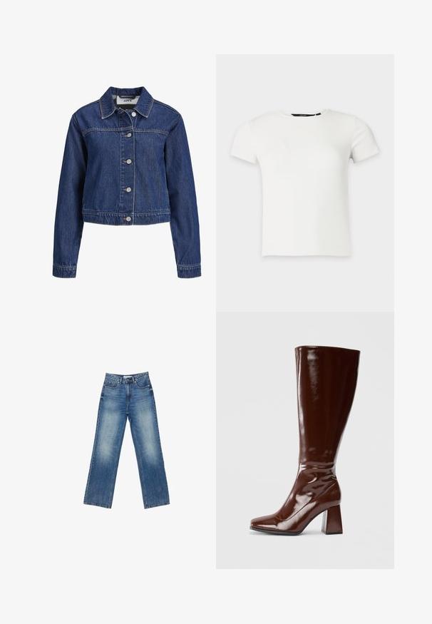 Blå denimjakke med lange ærmer, knaplukning foran og spids krave.; Hvid kortærmet ribstrikket t-shirt med rund halsudskæring, vist på en ensartet lys grå baggrund.; Blå denim wide-leg jeans med en falmet finish, fem lommer, synlig syning, knap- og lynlåslukning, samt en lige pasform.; Knæhøje brune patentlæderstøvler med firkantet tå, glansfuld finish og en kraftig hæl for stabilitet. Sømløs design uden synligt hardware.