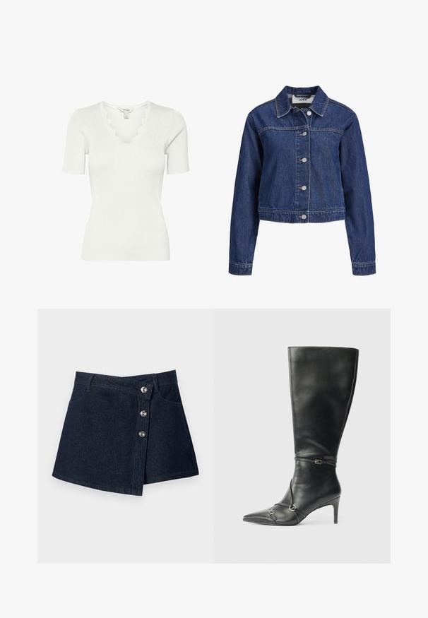 Veste en jean bleu avec manches longues, fermeture boutonnée devant et col pointu.; Haut blanc côtelé à manches courtes avec encolure en V festonnée, silhouette ajustée et petite étiquette en tissu au niveau de l'arrière du col.; Mini-jupe en jean bleu foncé avec devant asymétrique, boutons argentés, passants de ceinture et poches avant sur fond uni.; Bottes noires en cuir montant jusqu'au genou, avec un talon fin, un bout pointu et des détails de lanière à la cheville. Texture lisse et design ajusté.