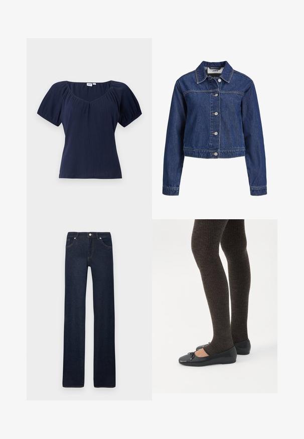 Veste en jean bleu avec manches longues, fermeture boutonnée devant et col pointu.; Haut à manches courtes bleu marine avec un décolleté arrondi, une texture côtelée et des coutures d'épaule froncées pour plus de forme et de volume.; Jean droit bleu marine avec poches avant, passants pour ceinture, bouton en métal et détails de couture sur un fond blanc uni.; Jambes portant des leggings côtelés foncés associés à des ballerines noires avec de petits détails en nœud sur fond blanc.