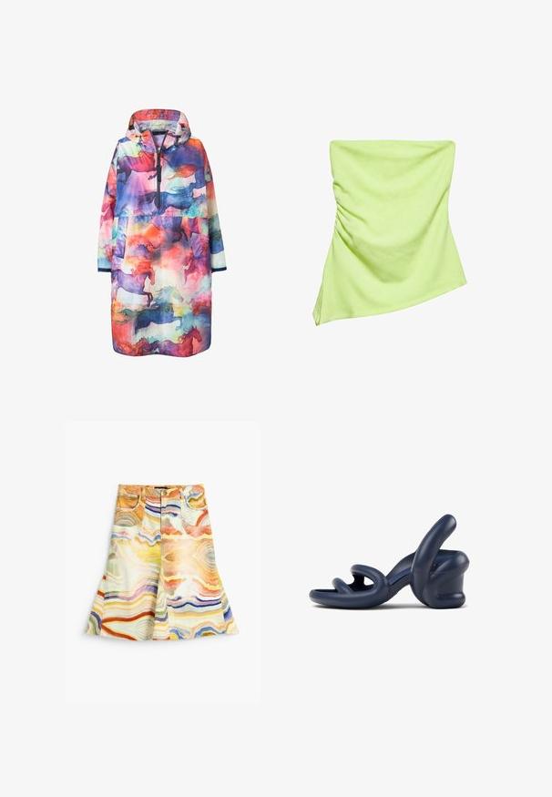 Lichtgewicht, waterproof regenjas met een multikleurig abstract ontwerp met silhouetten van paarden, capuchon en een voormezip sluiting.; Lichtgroene strapless top met lichte plooitjes aan de linkerkant en een asymmetrische zoom.; High waist A-lijn rok met kleurrijk, golvend marmerpatroon in tinten oranje, geel, blauw en paars, met voorzakken en knoopsluiting.; Marineblauwe hoge sandaal met hak gemaakt van soepel synthetisch materiaal; heeft gebogen bandjes en een unieke sculptuurhakontwerp.