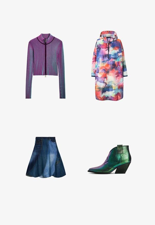 Letvægts, vandtæt regnjakke med et flerfarvet abstrakt design med silhuetter af heste, hætte og frontlukning med lynlås.; Afkortet jakke med lynlås og lange ærmer i flerfarvet ribbet mønster med pink, lilla og blå striber. Sølv lynlåsdetalje foran.; Denimnederdel med lap-på-lap-design i forskellige nuancer af blå, slå-ud-form og en sidelomme. Glat tekstur og afslappet stil.; Ankelstøvle med spidse tæer, lavet af iriserende grønt materiale med en sprukket tekstur. Har en kort blokhæl og dekorativ syning.