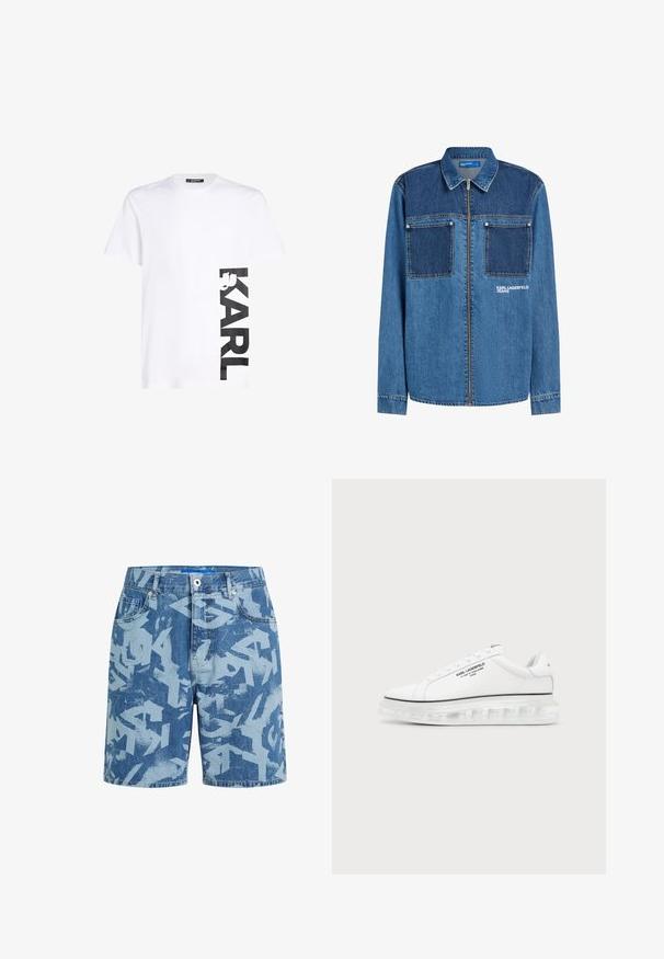 Veste en jean bleu moyen avec un panneau de poitrine bleu foncé contrastant, dotée de deux poches avant, d'une fermeture éclair et du logo "Karl Lagerfeld Jeans".; T-shirt en coton blanc avec un grand logo noir imprimé "KARL" sur le côté gauche, manches courtes et encolure classique.; Shorts en jean bleu avec un imprimé abstrait style graffiti bleu clair, poches avant, passants pour ceinture et fermeture par bouton.; Baskets blanches Karl Lagerfeld avec logo texte noir et semelle épaisse transparente sur un fond clair uni.