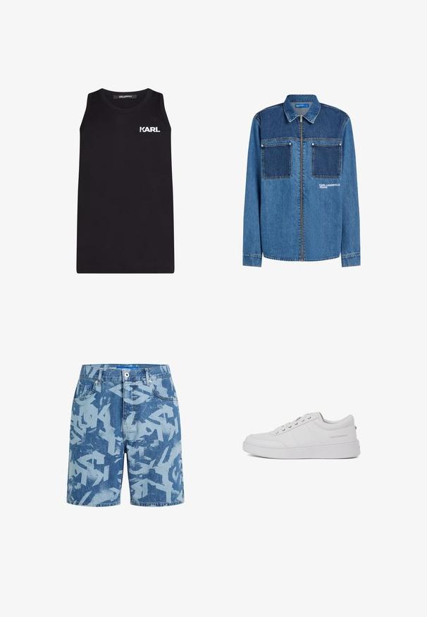 Jeansjacke in mittlerem Blau mit kontrastierendem, dunklerem blauem Brustpanel, ausgestattet mit zwei Fronttaschen, einem Reißverschluss und dem "Karl Lagerfeld Jeans"-Logo.; Schwarzes ärmelloses Tank-Top aus glattem Baumwollstoff, mit einem weißen "KARL"-Logo auf der linken Brust. Einfaches, gerades Design.; Blaue Jeansshorts mit hellblauem abstraktem Graffiti-Muster, Vorderentaschen, Gürtelschlaufen und Knopfverschluss.; Weiße Leder-Sneaker mit klassischem Low-Top-Design, flacher Sohle und dezentem Markenlogo an der Ferse. Verfügt über fünf Metallösen für die Schnürsenkel.