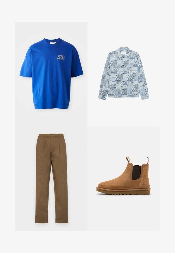 Camisa azul claro con botones y mangas largas que presenta un patrón de patchwork con varios diseños geométricos y florales en tonos azules y blancos.; Camiseta de algodón azul con mangas cortas, con un logo gris en la parte superior izquierda del pecho, escote redondo y un corte relajado.; Pantalones de algodón marrón con un corte recto, presentan un cierre de un botón, pasadores para cinturón y pliegues marcados en la parte delantera.; Botas de ante marrón hasta el tobillo con paneles elásticos laterales y tiradores, que cuentan con una suela de goma y un logo sutil en el lateral.