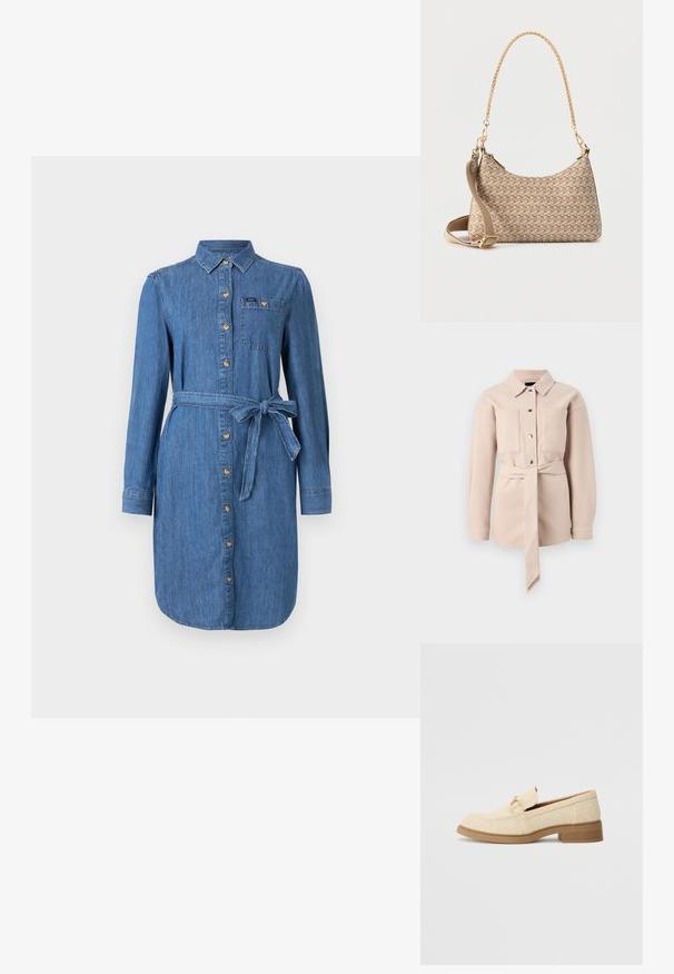 Lys beige bælteskjorte med krave, frontknaplukning, to brystlommer og lange ærmer. Glat tekstur, minimalistisk design.; Denim skjortekjole med lange ærmer, frontknapper, brystlomme og knyttet taljebælte i medium blå vask.; Beige tekstil loafers med en lav blokhæl, der har et syet design og en dekorativ hardware accent i guldtoner på overdelen.; Beige skuldertaske med geometrisk mønster, guld kædehåndtag og aftagelig beige stofrem, sat mod en hvid baggrund.