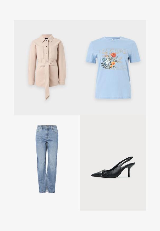Helles beiges Hemd mit Gürtel, Kragen, durchgehender Knopfleiste, zwei Brusttaschen und langen Ärmeln. Glatte Textur, minimalistisches Design.; Hellblaues Kurzarm-T-Shirt mit einem Blumenmotiv und dem Schriftzug "LES FLEURS" in Gold über orangefarbenen, weißen und blauen Blumen.; Hellblaue High-Waist-Jeans mit geradem Bein, Frontknopf, Reißverschluss, Gürtelschlaufen und einem Fünf-Taschen-Design.; Schwarzer Leder Slingback-Pumps mit spitzer Vorderkappe und einem Schnallen- und Ösenriemen vorne.
