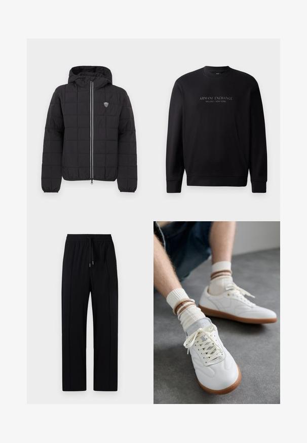 Chaqueta acolchada negra con capucha, con cremallera frontal, puños elásticos y un parche de logo en la parte superior izquierda. Acentuada con rayas blancas.; Sudadera negra de cuello redondo con la inscripción "ARMANI EXCHANGE MILANO / NEW YORK" en texto en relieve en la parte delantera. La tela es suave y cuenta con puños de canalé.; Pantalones negros ligeros con cinturilla elástica y cordón, que cuentan con dos pliegues frontales y un diseño de pierna recta. Textura suave.; Zapatillas de cuero blanco con una textura suave, detalles en gamuza gris, suelas de goma beige y cordones planos. Combinadas con calcetines a rayas en tonos crema y marrón.