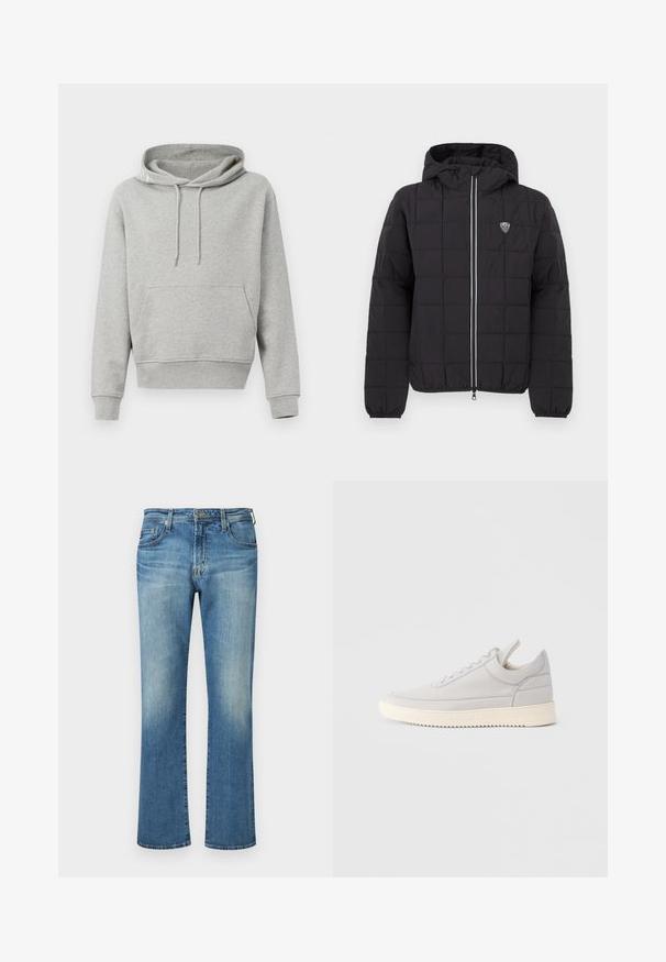 Schwarze gesteppte Jacke mit Kapuze, ausgestattet mit einem Frontreißverschluss, elastischen Bündchen und einem Logo-Patch auf der oberen linken Seite. Akzentuiert mit weißen Streifen.; Grau Baumwoll-Hoodie mit einer Fronttasche, Kapuze mit Kordelzug, gerippte Bündchen und Saum. Glatte Textur, lässiges Design und eine lockere Passform.; Blaue Denim-Hosen, mit geradem Bein und einem ausgewaschenen Look, ausgestattet mit einem klassischen Fünf-Taschen-Stil und Metallelementen.; Hellgrauer Ledersneaker mit strukturierten Seiten, Schnürung vorne und cremefarbener Gummisohle. Verfügt über eine glatte Zehenkappe und minimalistische Designdetails.
