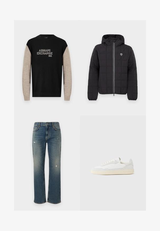 Veste noire matelassée avec capuche, dotée d'une fermeture éclair frontale, de poignets élastiques et d'un patch logo sur le côté supérieur gauche. Agrémentée de rayures blanches.; Pull noir et beige à manches longues, avec un col rond et le logo "ARMANI EXCHANGE N.Y." en surpiqûres blanches contrastantes.; Jeans en denim bleu moyen avec une coupe droite, présentant des décolorations légères et des patches usés. Design classique à cinq poches et fermeture par bouton supérieur.; Baskets blanches avec dessus en daim et cuir texturé. Caractérisées par un bout arrondi, une fermeture à lacets et une semelle en caoutchouc beige contrastante.