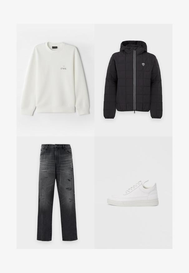 Sort quiltet jakke med hætte, med en lynlås foran, elastiske manchetter og et logoemblem på øverste venstre side. Fremhævet med hvide striber.; Hvid sweatshirt lavet af blødt stof. Har rund halsudskæring og lange ærmer. Et lille gråt broderet logo er placeret på brystet.; Sorte denim jeans med en afslappet pasform, der har et falmet design og slidte lapper. Standard fem-lomme stil og en knaplukning.; Hvid lædersneaker med rundet tå, flad sål og snørebånd foran. Har syningsdetaljer og polstret krave for komfort.