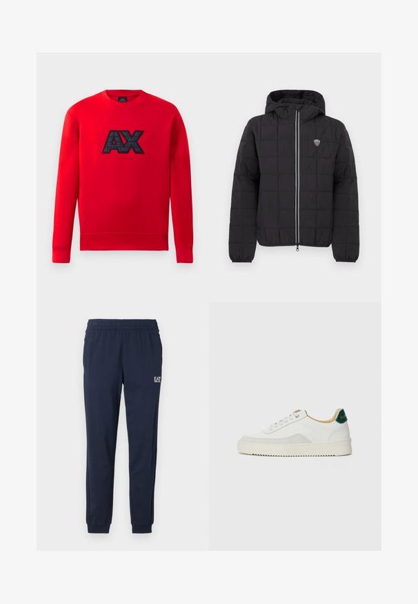 Schwarze gesteppte Jacke mit Kapuze, ausgestattet mit einem Frontreißverschluss, elastischen Bündchen und einem Logo-Patch auf der oberen linken Seite. Akzentuiert mit weißen Streifen.; Roter Sweatshirt mit einem schwarzen gestickten "AX"-Logo auf der Vorderseite. Es hat einen runden Ausschnitt und lange Ärmel mit gerippten Bündchen.; Marineblaue Jogginghosen mit elastischem Bund und Bündchen. Besitzt ein kleines weißes Logo am linken Bein. Hergestellt aus einem weichen, dehnbaren Material.; Weiße Sneaker mit Wildlederelementen, runder Zehenpartie, flachen Schnürsenkeln und einer cremefarbenen Gummisohle. Mit grünen Markenlogo am Fersenbereich.
