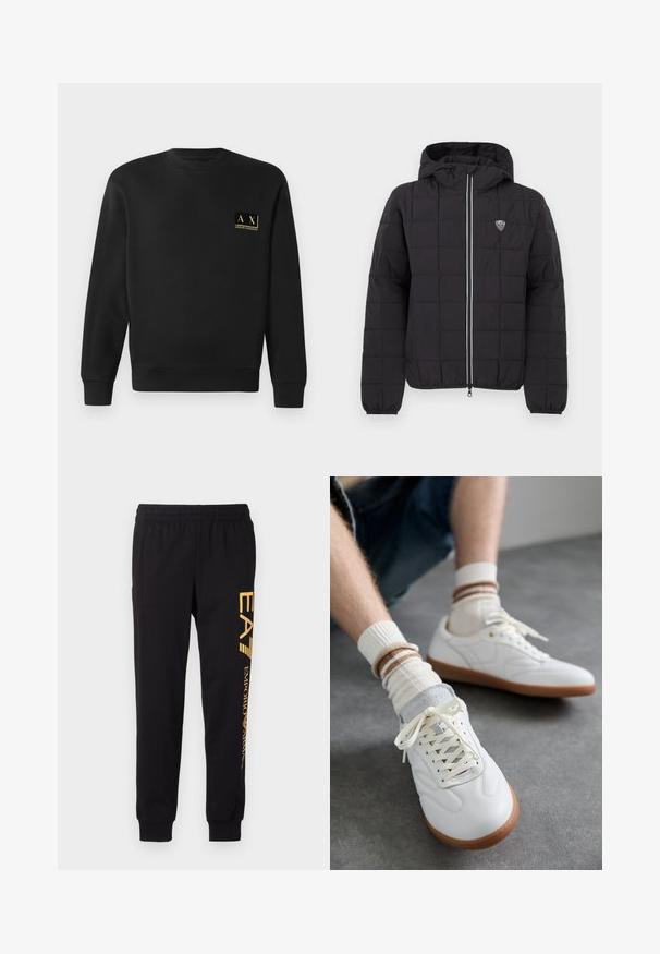 Schwarze gesteppte Jacke mit Kapuze, ausgestattet mit einem Frontreißverschluss, elastischen Bündchen und einem Logo-Patch auf der oberen linken Seite. Akzentuiert mit weißen Streifen.; Schwarzer Langarm-Crewneck-Pullover mit kleinem beigen Armani Exchange-Logo auf der linken Brust.; Schwarze Sweatpants aus weichem Stoff, mit einem elastischen Bund und Bündchen an den Knöcheln. Gelbe Markenbezeichnung vertikal auf dem linken Bein aufgedruckt.; Weiße Ledersneaker mit glatter Textur, grauen Wildlederelementen, beigen Gummisohlen und flachen Schnürsenkeln. Kombiniert mit cremefarbenen und braun gestreiften Socken.