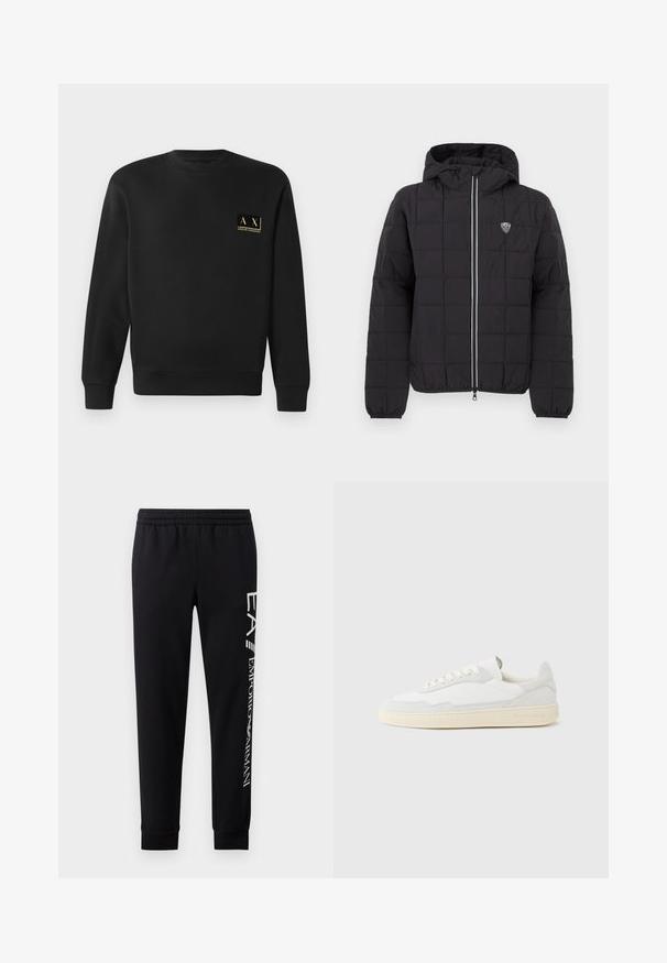 Schwarze gesteppte Jacke mit Kapuze, ausgestattet mit einem Frontreißverschluss, elastischen Bündchen und einem Logo-Patch auf der oberen linken Seite. Akzentuiert mit weißen Streifen.; Schwarzer Langarm-Crewneck-Pullover mit kleinem beigen Armani Exchange-Logo auf der linken Brust.; Schwarze Sweatpants aus Baumwollmischung mit elastischem Taillenbund, schmal zulaufenden Beinen, gerippten Bündchen und weißem Logo-Druck entlang der Seite.; Weißer Sneaker mit strukturiertem Obermaterial aus Wildleder und Leder. Verfügt über eine runde Zehenpartie, Schnürverschluss und eine kontrastierende beige Gummisohle.