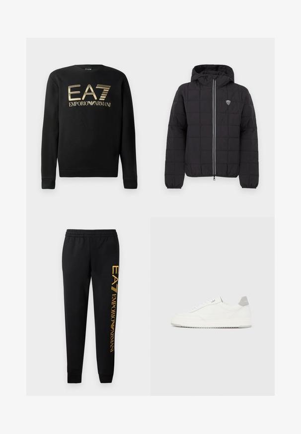 Zwarte doorgestikte jas met capuchon, voorzien van een ritssluiting aan de voorkant, elastische manchetten en een logopatch aan de linkerbovenkant. Afgewerkt met witte strepen.; Zwart sweatshirt met ronde hals, voorzien van het gouden EA7 Emporio Armani-logo op de borst. Zachte stof met geribbelde mouwen en onderrand.; Zwarte sweatpants met elastische tailleband en aangesloten boorden. Heeft een verticale gouden logoprint op het linkerpant. Gemaakt van zachte stof.; Witte lage sneaker met grijze hielpatch, witte veters en een gestructureerde zool, gepresenteerd op een effen lichte achtergrond.