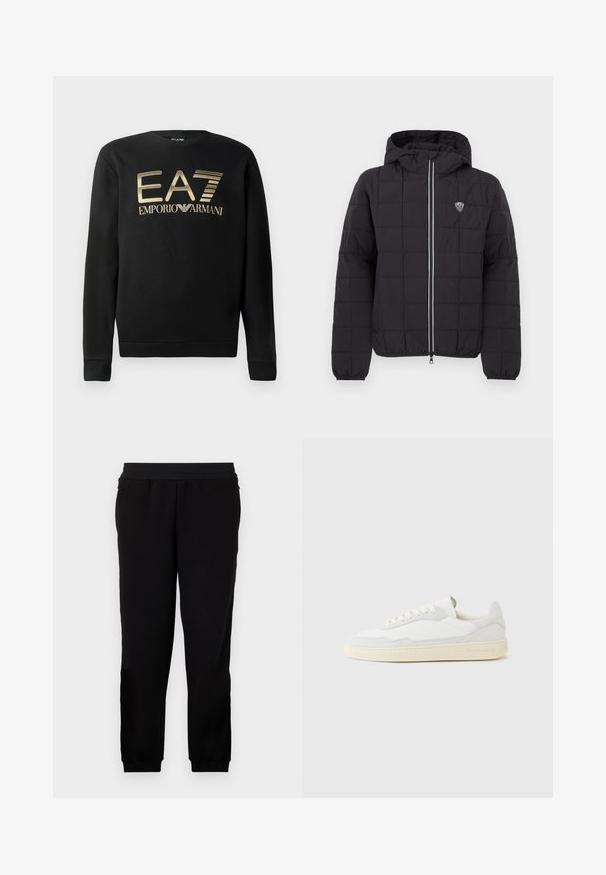 Chaqueta acolchada negra con capucha, con cremallera frontal, puños elásticos y un parche de logo en la parte superior izquierda. Acentuada con rayas blancas.; Sudadera negra con cuello redondo, que presenta el logo dorado de EA7 Emporio Armani en el pecho. Tejido suave con puños y dobladillo acanalados.; Pantalones de chándal negros hechos de un material suave, con una banda elástica en la cintura, puños ajustados y bolsillos laterales para mayor comodidad.; Zapatilla blanca con parte superior texturizada de ante y cuero. Presenta una puntera redondeada, cierre con cordones y suela de goma beige contrastante.
