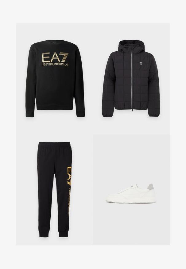 Chaqueta acolchada negra con capucha, con cremallera frontal, puños elásticos y un parche de logo en la parte superior izquierda. Acentuada con rayas blancas.; Sudadera negra con cuello redondo, que presenta el logo dorado de EA7 Emporio Armani en el pecho. Tejido suave con puños y dobladillo acanalados.; Chandal negro hecho de tela suave, con cinturilla elástica y tobillos ajustados. Marca amarilla impresa verticalmente en la pierna izquierda.; Zapatilla blanca de corte bajo con pestaña en el talón gris, cordones blancos y suela texturizada, presentada sobre un fondo claro y liso.