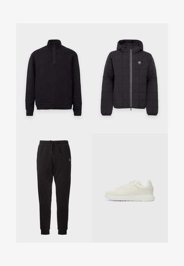 Sort quiltet jakke med hætte, med en lynlås foran, elastiske manchetter og et logoemblem på øverste venstre side. Fremhævet med hvide striber.; Sort langærmet pullover med høj krave og frontlynlås, lagt fladt på en lys baggrund.; Sorte smalle joggingbukser med elastisk linning, snøre, sidelommer og ribbet ribkant, vist på ensfarvet baggrund.; Hvide lædersneakers med struktureret overdel, rund tå, flad hvid sål og tonede snørebånd. Subtil branding på tungen.