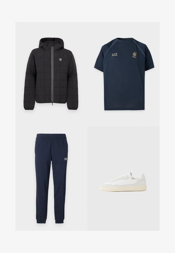 Chaqueta acolchada negra con capucha, con cremallera frontal, puños elásticos y un parche de logo en la parte superior izquierda. Acentuada con rayas blancas.; Camiseta deportiva azul marino de manga corta con cuello redondo, ribetes blancos en los hombros y dos logotipos dorados en el pecho.; Pantalones de chándal azul marino con cinturilla y puños elásticos. Presentan un pequeño logo blanco en la pierna izquierda. Fabricados con un material suave y elástico.; Zapatilla blanca con parte superior texturizada de ante y cuero. Presenta una puntera redondeada, cierre con cordones y suela de goma beige contrastante.