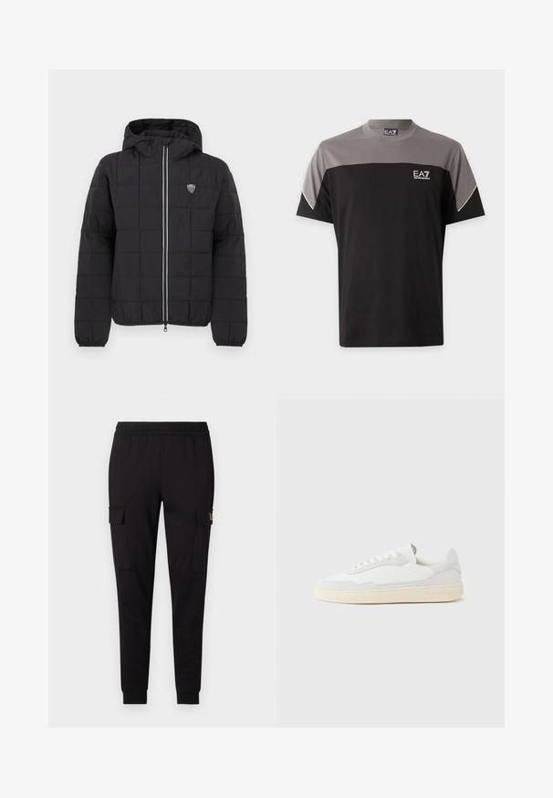 Veste noire matelassée avec capuche, dotée d'une fermeture éclair frontale, de poignets élastiques et d'un patch logo sur le côté supérieur gauche. Agrémentée de rayures blanches.; T-shirt manches courtes noir et gris EA7 Emporio Armani avec logo sur la poitrine et bord blanc aux manches.; Pantalons de jogging noirs en tissu doux, présentant une coupe fuselée et deux poches cargo latérales avec un logo discret sur une poche.; Baskets blanches avec dessus en daim et cuir texturé. Caractérisées par un bout arrondi, une fermeture à lacets et une semelle en caoutchouc beige contrastante.