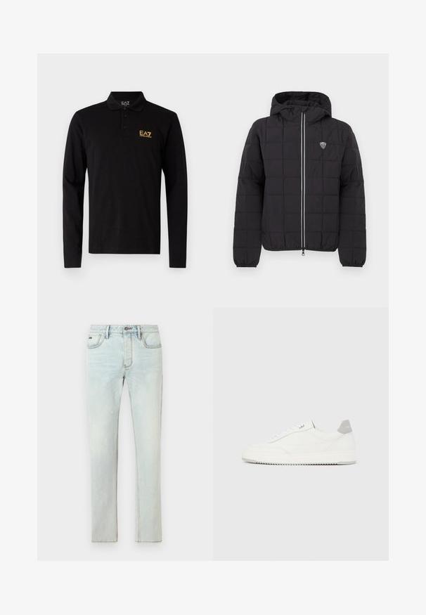 Veste noire matelassée avec capuche, dotée d'une fermeture éclair frontale, de poignets élastiques et d'un patch logo sur le côté supérieur gauche. Agrémentée de rayures blanches.; Polo shirt noir à manches longues en coton, doté d'une patte de boutonnage à trois boutons et d'un logo brodé jaune contrastant sur la poitrine.; Jean en denim bleu clair à coupe droite, cinq poches et détails légèrement usés, avec des coutures contrastantes et une fermeture par bouton.; Baskets basses blanches avec un onglet de talon gris, des lacets blancs et une semelle texturée, présentées sur un fond uni clair.