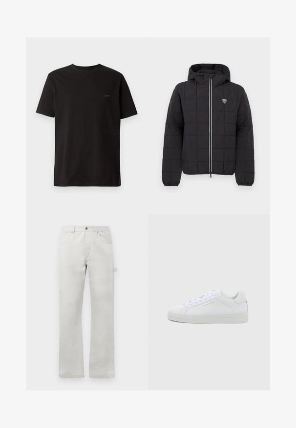 Schwarze gesteppte Jacke mit Kapuze, ausgestattet mit einem Frontreißverschluss, elastischen Bündchen und einem Logo-Patch auf der oberen linken Seite. Akzentuiert mit weißen Streifen.; Schwarzes T-Shirt mit kurzen Ärmeln aus Baumwolle. Hat einen Rundhalsausschnitt und dezente Markenlogo auf der linken Brustseite. Glatte Textur.; Helle graue Hose mit gerader Passform, aus glattem Baumwollstoff gefertigt, mit Eingrifftaschen vorne und einer seitlichen Cargo-Tasche.; Weiße Leder-Sneaker mit niedrigem Schnitt, runder Zehenpartie, flachen Schnürsenkeln, strukturierter Sohle und dezentem goldfarbenem Markenlogo an der Seite. Glatte Oberfläche und minimalistisches Design.