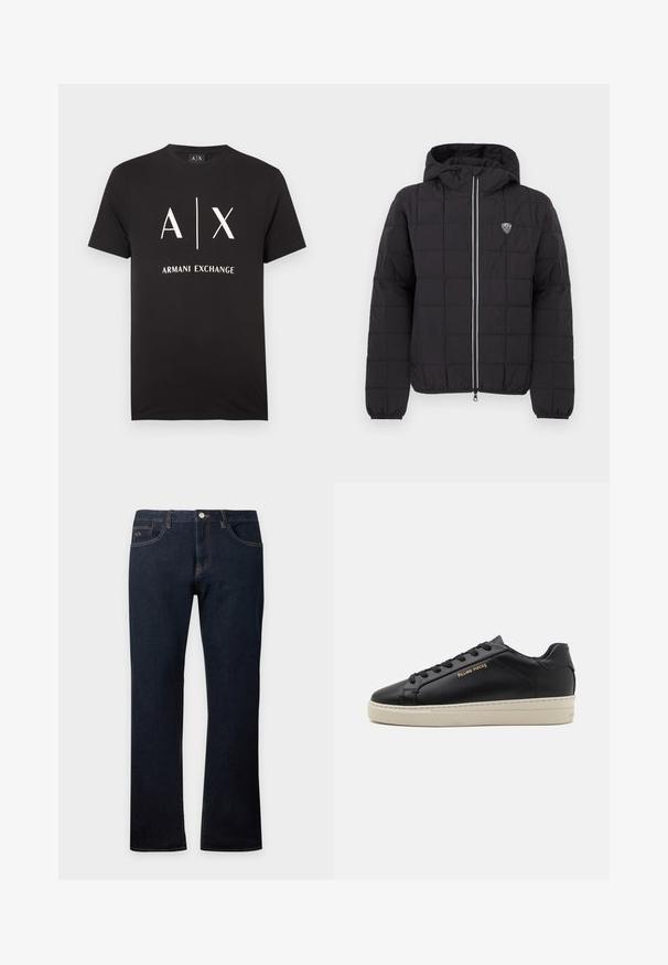 Veste noire matelassée avec capuche, dotée d'une fermeture éclair frontale, de poignets élastiques et d'un patch logo sur le côté supérieur gauche. Agrémentée de rayures blanches.; T-shirt en coton noir avec les initiales "A|X" et "ARMANI EXCHANGE" imprimées en blanc. Col rond avec manches courtes.; Jean en denim bleu foncé coupe droite avec poches avant et arrière, coutures visibles et fermeture par bouton à la taille.; Sneaker en cuir noir avec une finition lisse, semelle crème contrastante, bout arrondi, logo doré sur le côté et six œillets pour les lacets.